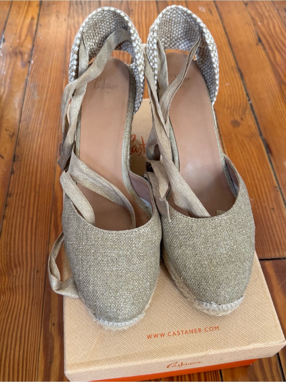 Castaner Natural Woven Espadrille Wedges with Ankle Ties